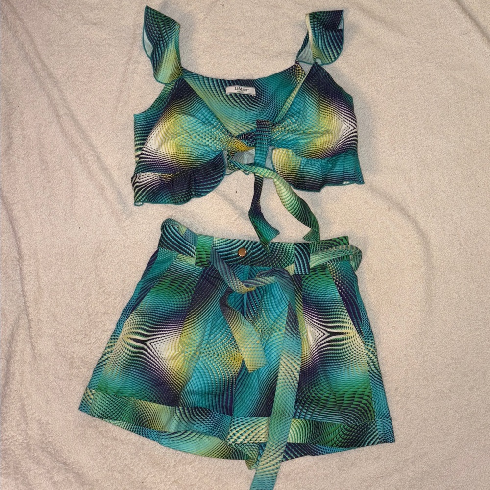 LèMert Made in Italy 100% Cotton Tie Front Crop Top & Shorts Size S  Resort Wear